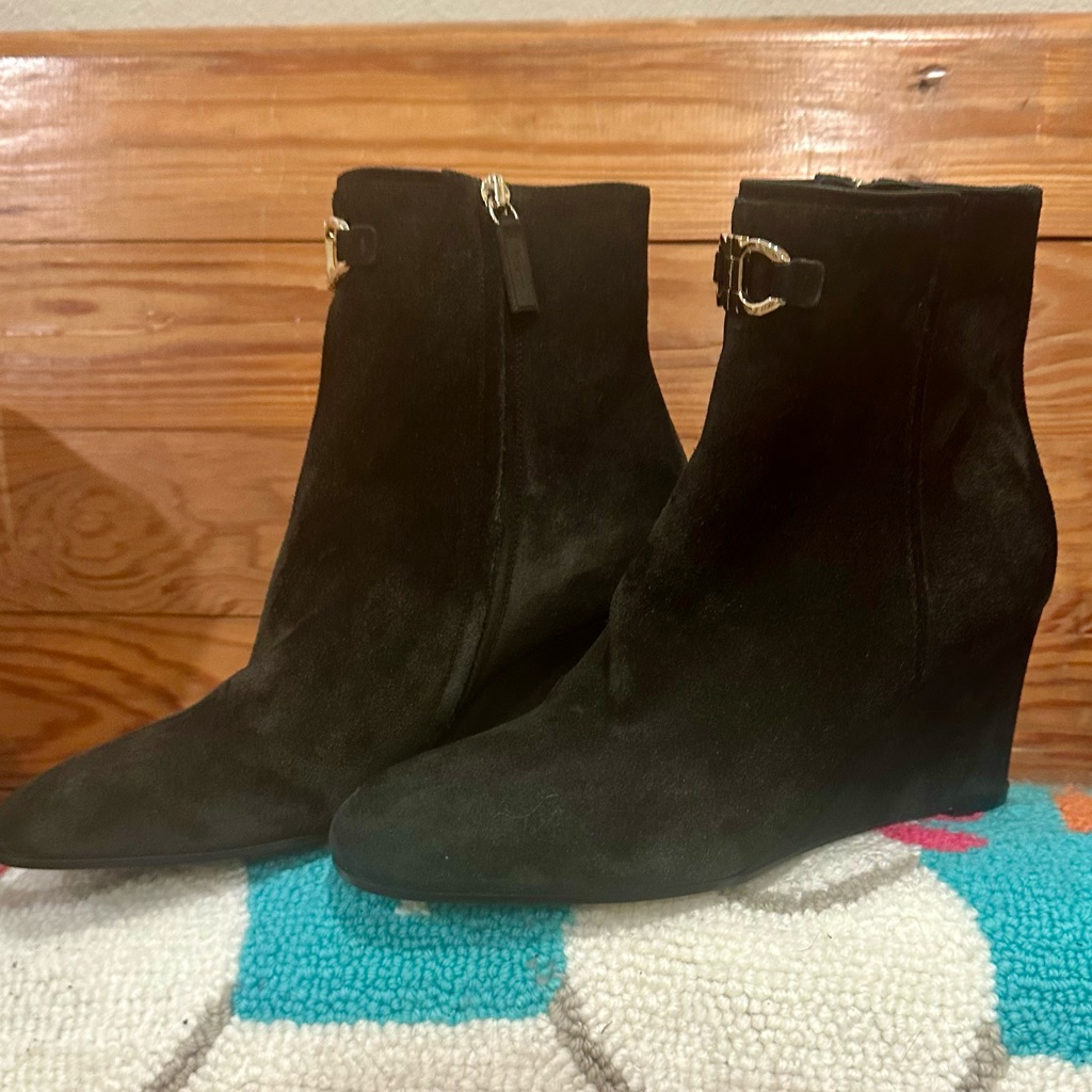 New Salvatore Ferragamo Black Silvery Black Metallic Suede Ankle Booties 7 7.5